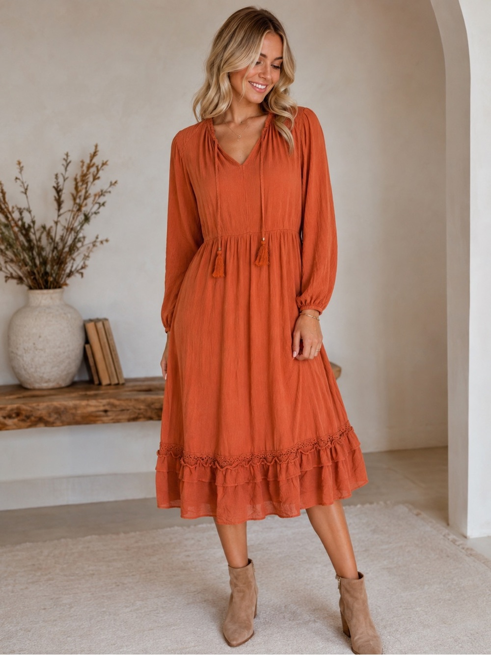 Knox Rose Boho Peasant Dress Women Size Large Terracotta Rust Gauze Ruffle Midi